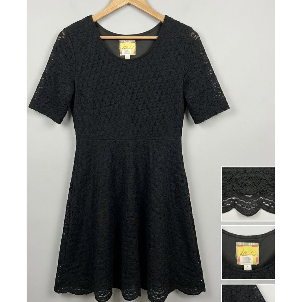 Blue Bird Black Floral Lace Fit and Flare Dress Short Sleeve Scalloped Hem XL